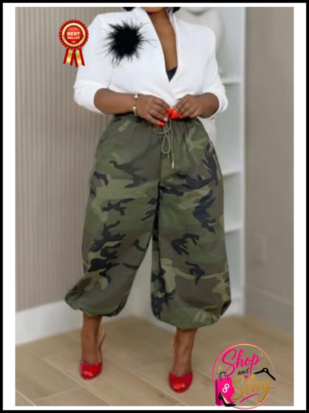 High Waisted Camo Cargo Pants Drawstring Baggy Joggers
